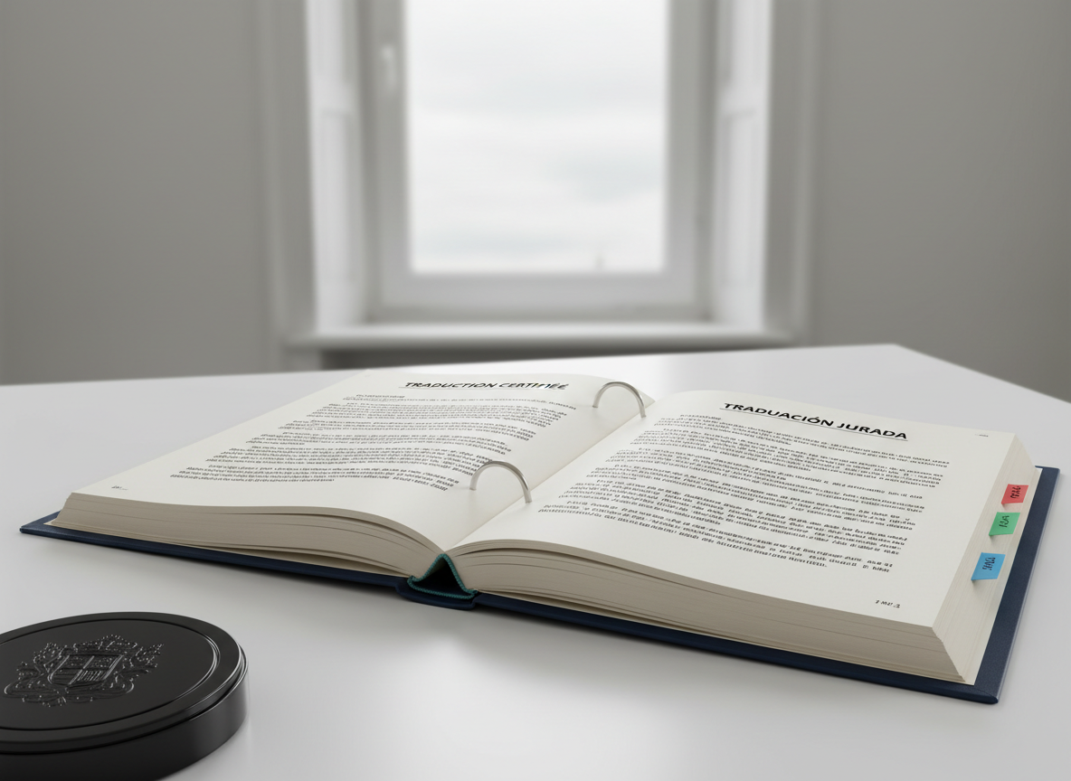 A close-up of a thick, navy-blue legal binder lying open on a minimalist white desk, showing bilingual printed pages in Spanish and French, each paragraph clearly aligned and meticulously formatted. Color-coded adhesive tabs mark key sections, and a small metal corner of a notarial-style stamp pad peeks into the frame. In the blurred background, a tall window reveals soft overcast Brussels light, creating diffused, even illumination across the pages. Shot from a slightly elevated angle with photographic realism and a clean, modern aesthetic, the composition uses the rule of thirds to create a balanced, calm scene that communicates precision, organization, and the reliability of certified translation services.
