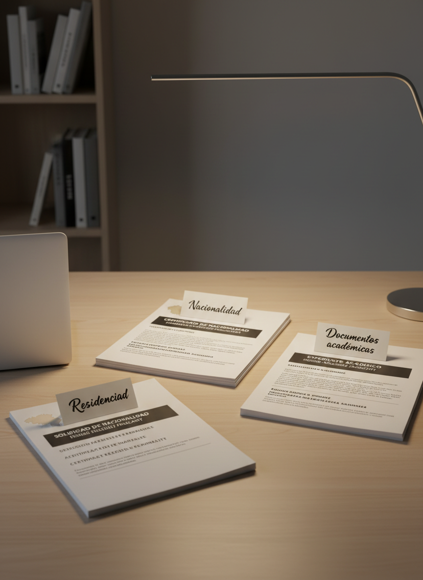 An organized workspace featuring three neatly arranged piles of documents labeled with small, tasteful cardstock tags reading “Residencia”, “Nacionalidad”, and “Documentos académicos” in Spanish. Each pile contains clean, neatly stapled sheets with multilingual headings in Spanish, French, and English. A discreet, modern laptop sits closed at the edge of the frame, and a slim, silver desk lamp provides warm, focused light that pools softly across the papers, leaving the background in subtle shadow. Shot from a slightly elevated angle with photographic realism and a minimalist, contemporary aesthetic, the composition uses asymmetrical balance to convey a sense of calm control and expert guidance through administrative processes in Belgium.