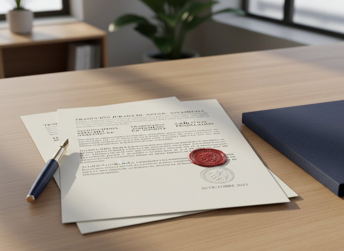 A neat stack of three official-looking documents on a light oak desk, each sheet featuring crisp black text in Spanish, French, and English, with a prominent red circular stamp and embossed seal on the top page. A sleek navy-blue fountain pen rests diagonally across the margin, and a closed dark-blue dossier is partially visible beside it. Soft natural daylight enters from the left, casting gentle shadows and subtle highlights on the paper’s texture. Photographic realism, eye-level composition with shallow depth of field, the background softly blurred to suggest a calm, professional office environment. The atmosphere is trustworthy, precise, and orderly, evoking the seriousness of sworn translations and legal validity in Belgium.