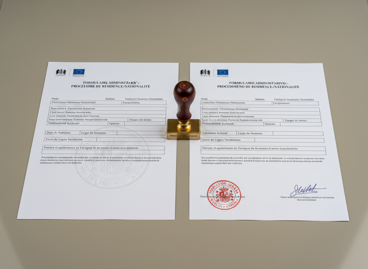 A detailed view of an official Belgian administrative form in French laid flat on a smooth, neutral-grey table, with a perfectly aligned sworn translation into Spanish placed directly beside it. The two documents are parallel, edges touching, clearly showing matching sections and mirrored structure. Between them rests a small, elegant metal stamp with a subtly worn handle, hinting at frequent professional use. Soft studio lighting from above creates gentle, shadow-free clarity that emphasizes legibility and neatness. Photographic realism at eye level, with sharp focus across the entire frame. The mood is methodical and reassuring, ideal to communicate exactness and the legal equivalence of sworn translations for residence and nationality procedures.