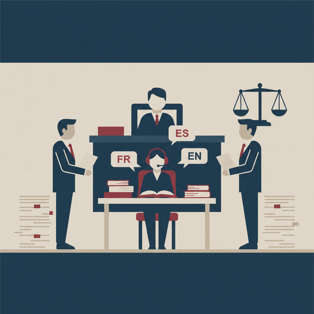 Illustration minimaliste d’un service d’interprétation dans les tribunaux : salle d’audience stylisée avec juge au fond, avocats de chaque côté, et interprète assis(e) à proximité avec casque ou micro discret. Documents et codes de loi schématisés sur une table, quelques symboles de langues (par ex. abréviations FR/ES/EN) dans des bulles de dialogue. Palette sobre et professionnelle (bleu nuit, beige clair, touche de bordeaux), style plat, clair, sans visages détaillés ni personnages réalistes.