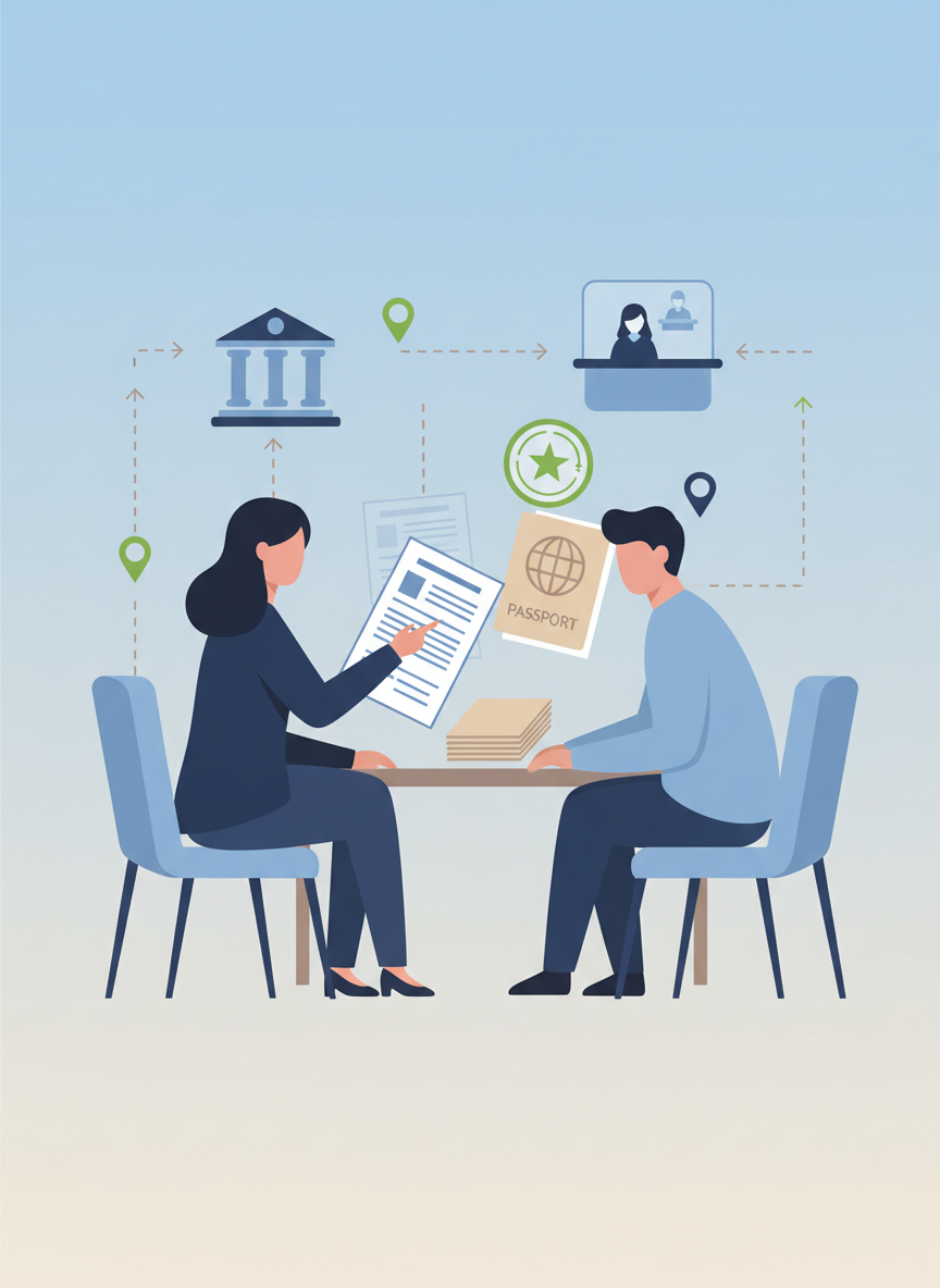 Illustration minimaliste et professionnelle représentant un accompagnement social dans le cadre de l’immigration : une personne conseillère assise à côté d’une personne migrante, tous deux vus de trois‑quarts sans traits de visage détaillés, consultant ensemble des documents officiels (formulaires, passeport stylisé, pictogramme de visa) sur une table. En arrière‑plan, des icônes discrètes de bâtiment administratif ou de guichet d’immigration, et de petites flèches ou repères symbolisant les démarches. Palette sobre et rassurante (bleu nuit, bleu clair, beige, une touche de vert), style plat, clair, sans personnages réalistes.